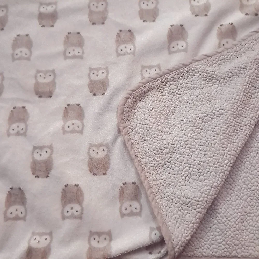 Carter's Owl Baby Blanket Security Lovey Sherpa Brown Gray Tan‎ brown Cream READ